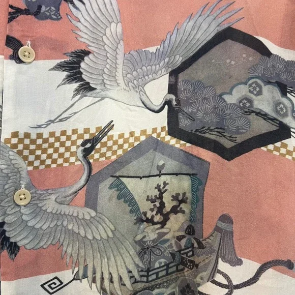 AllSaints Shield Crane Print Viscose Camp Shirt M Pink Japanese Art Aesthetic - Picture 6 of 8